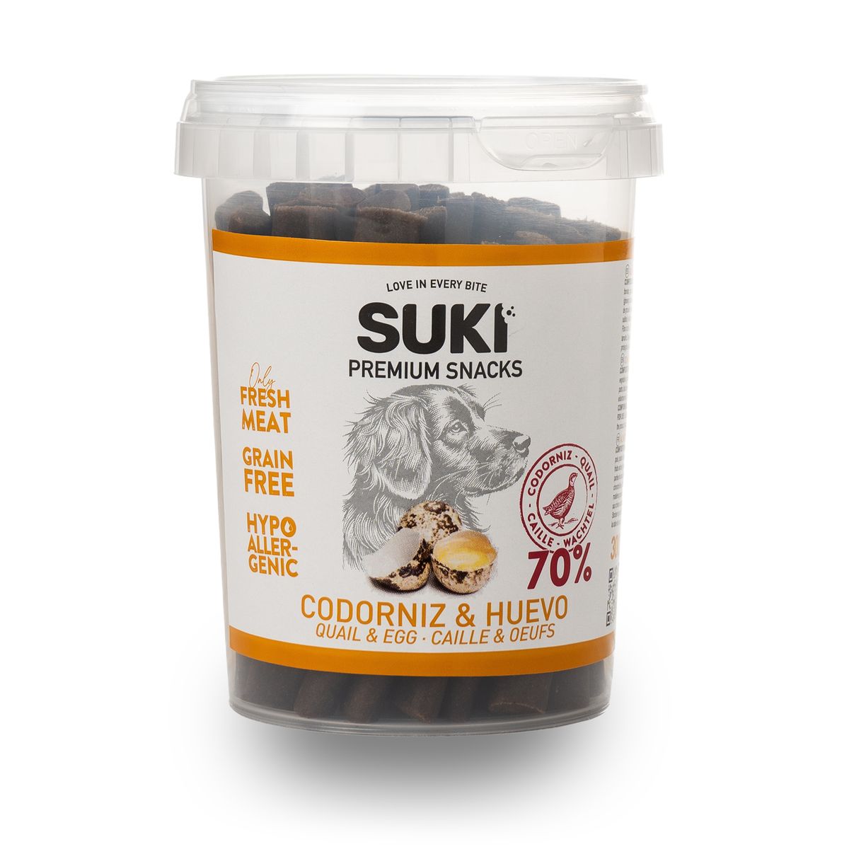 Snack en palitos para perro de codorniz y huevo en formato 300 g, vista frontal