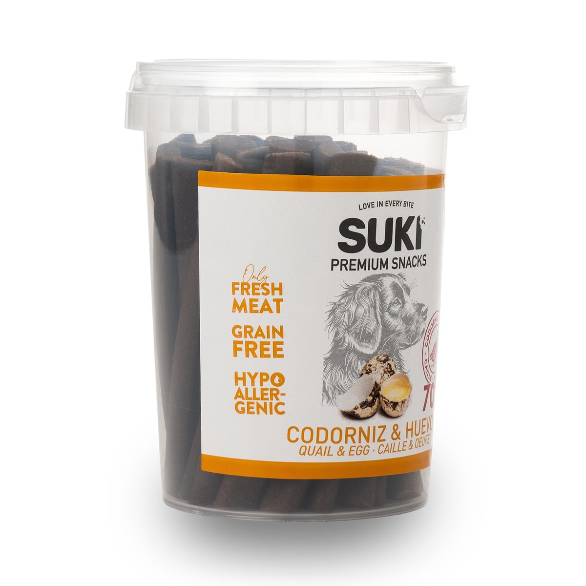 Snack natural en palitos para perro con codorniz y huevo, vista lateral