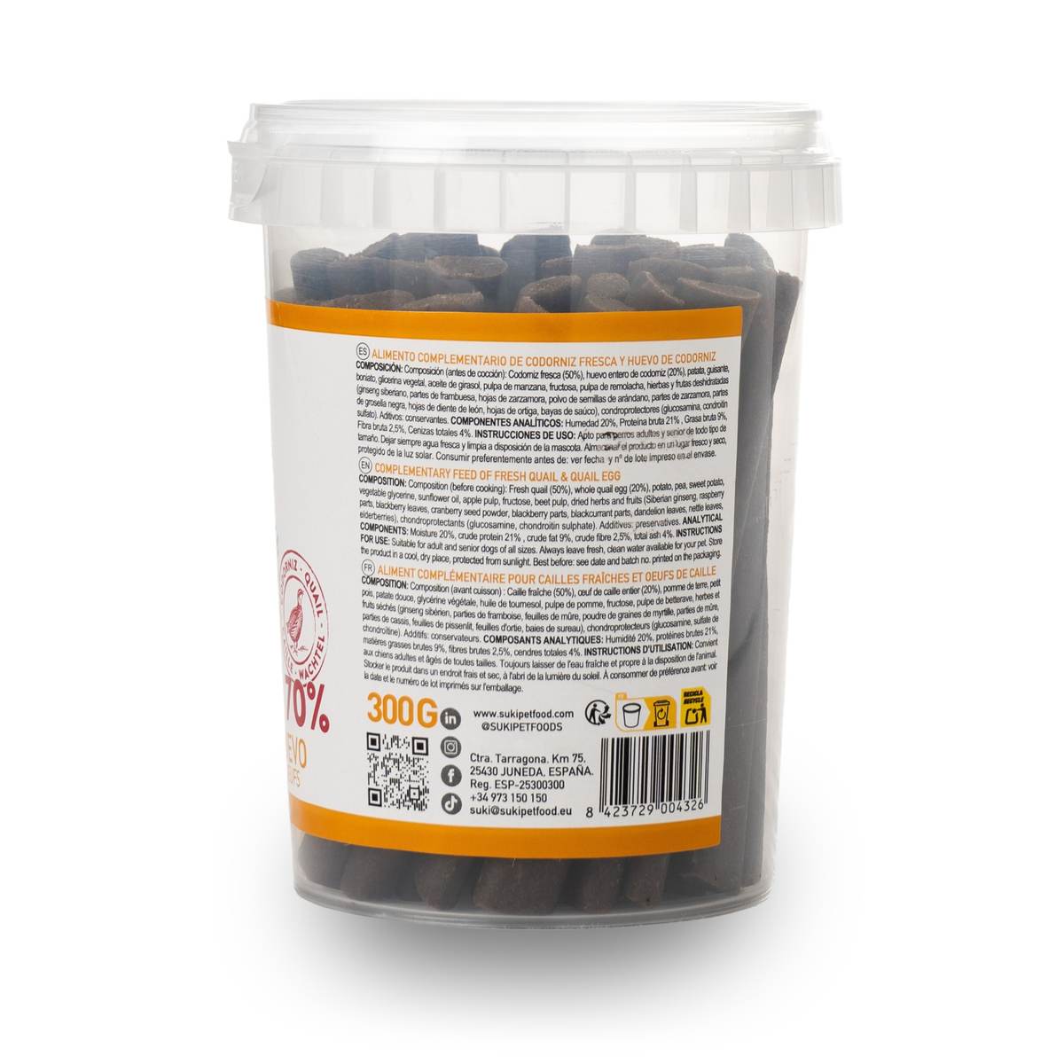 Snack en palitos para perro de codorniz y huevo en formato 300 g, vista frontal