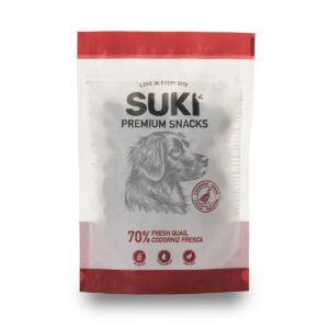 Snack natural para perro Suki de codorniz en formato doypack de 120 g, vista frontal