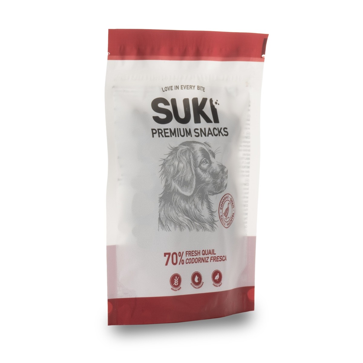Snack doypack para perro con codorniz fresca, vista lateral