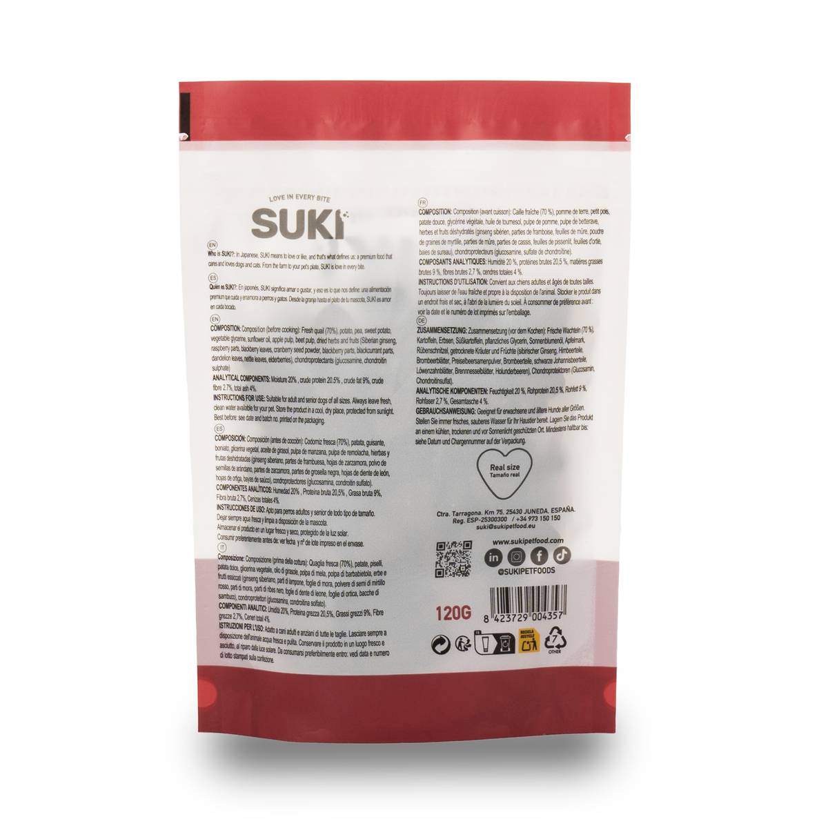 Parte trasera del doypack de snack de codorniz para perro 120 g