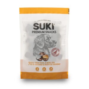 Snack natural para perro de codorniz y huevo de codorniz en formato doypack de 120 g, vista frontal