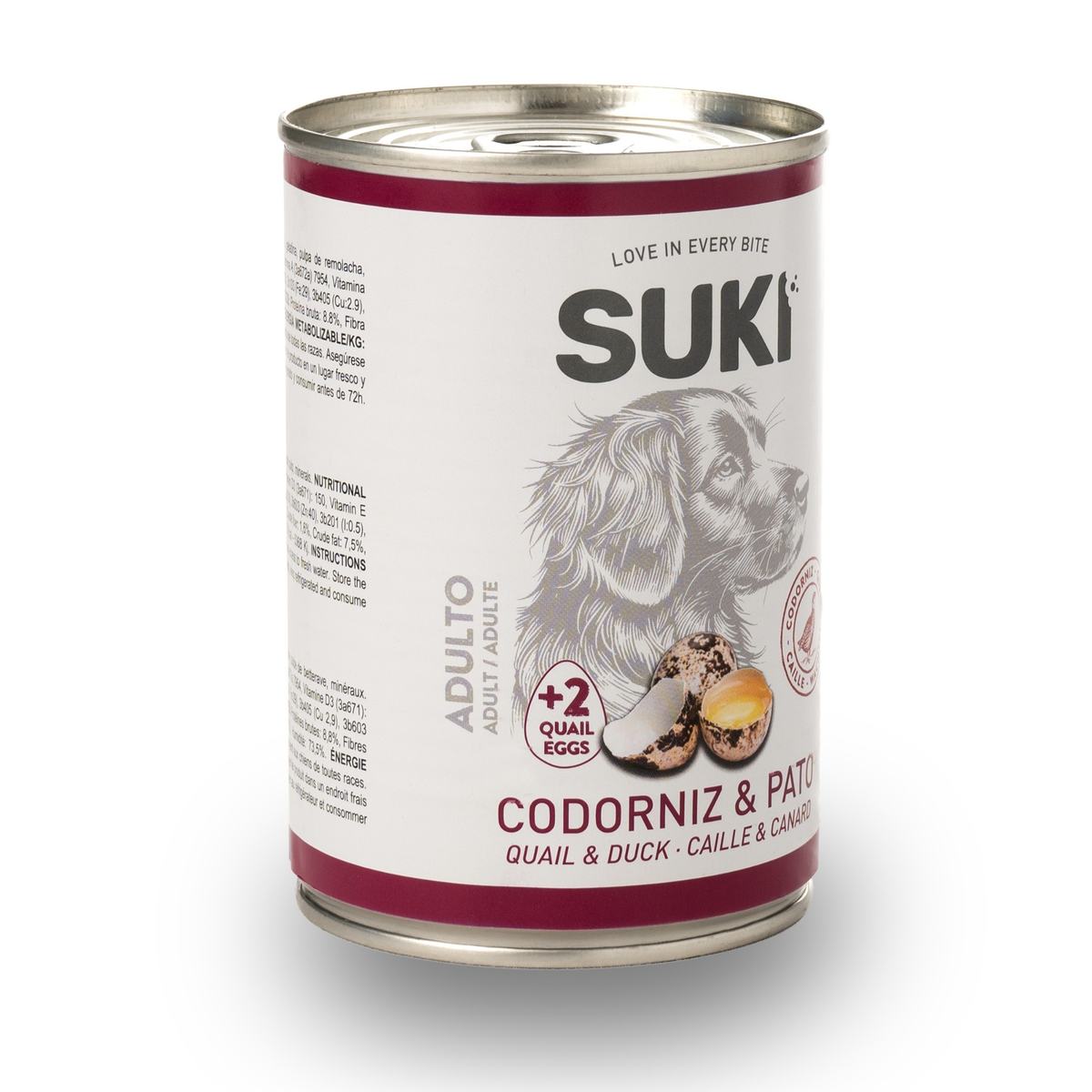 Lata de comida húmeda para perro adulto con codorniz y pato, vista lateral