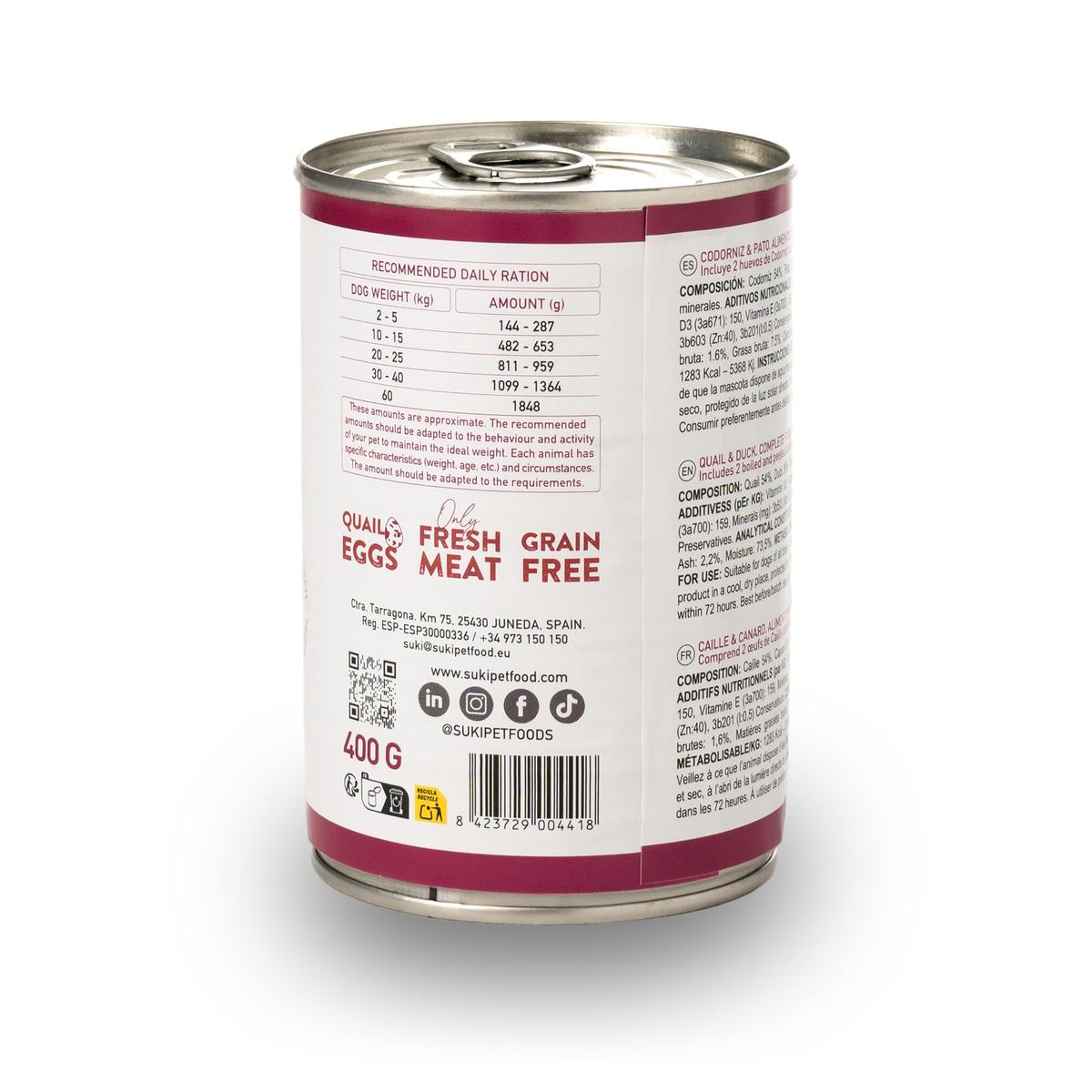 Parte trasera de la lata de comida húmeda de codorniz y pato para perro adulto 400 g