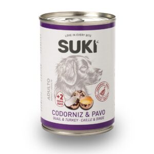 Lata de comida húmeda para perro adulto Suki de codorniz y pavo 400 g, vista frontal