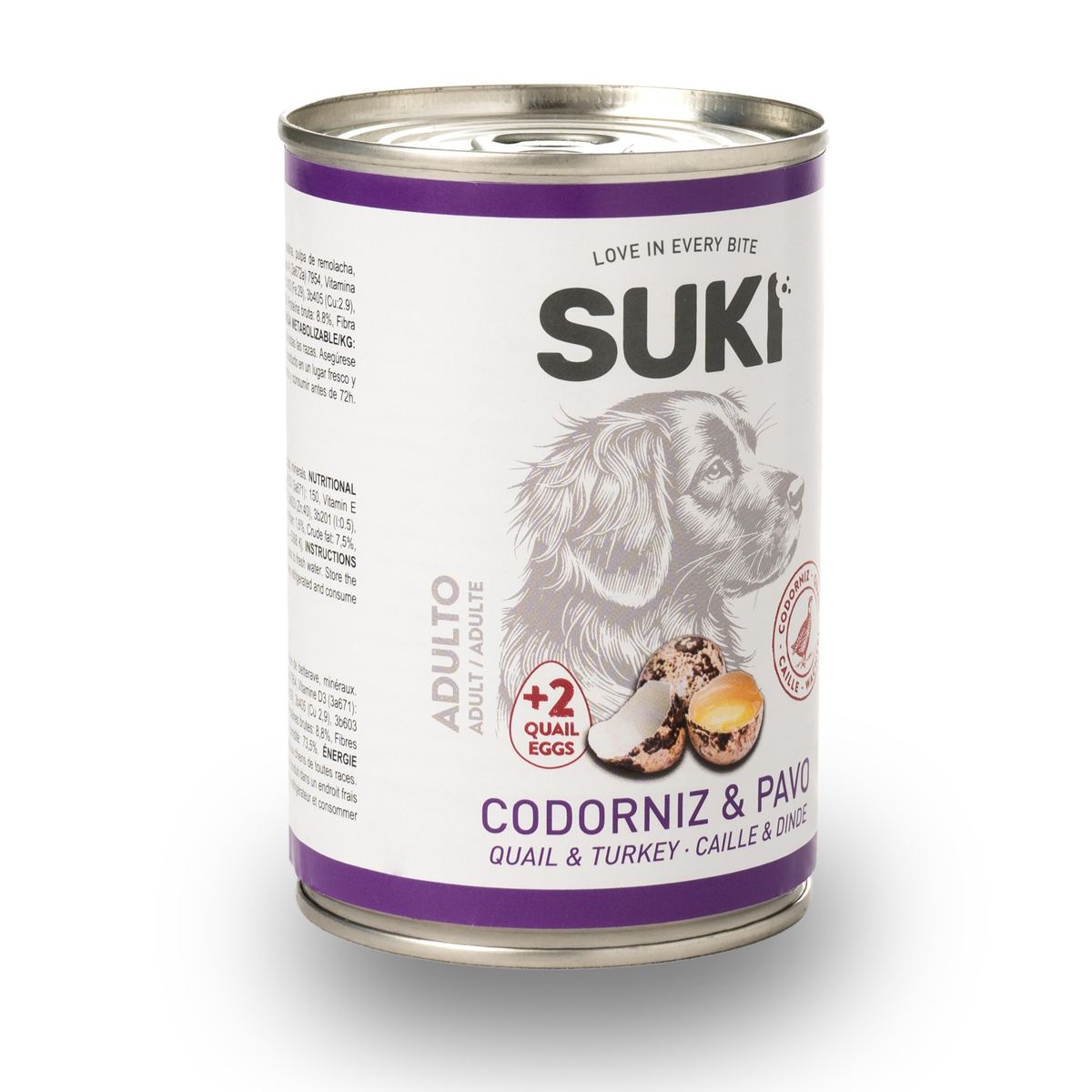 Lata de comida húmeda para perro adulto con codorniz y pavo, vista lateral