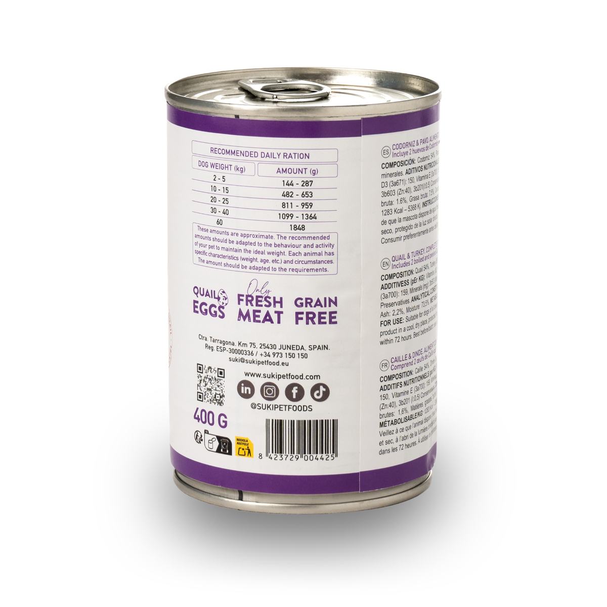 Parte trasera de la lata de comida húmeda de codorniz y pavo para perro adulto 400 g