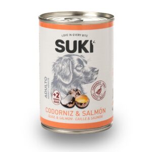 Lata de comida húmeda para perro adulto de codorniz y salmón 400 g, vista frontal