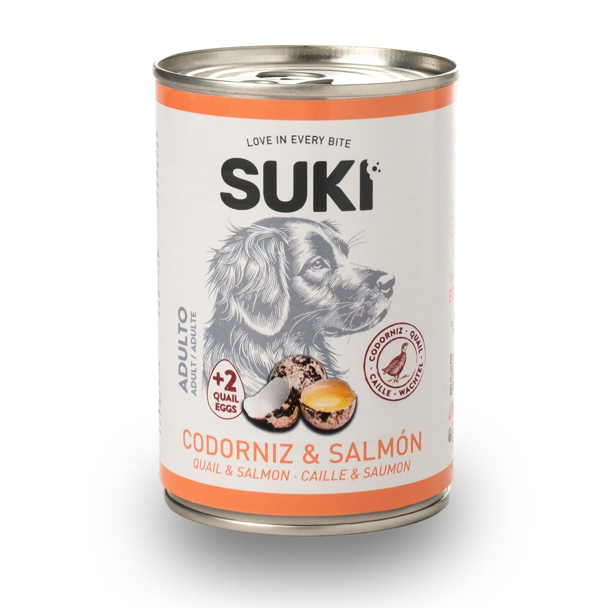 Lata de comida húmeda para perro adulto de codorniz y salmón 400 g, vista frontal