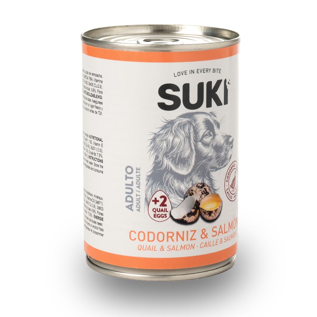 Lata de comida húmeda para perro adulto con codorniz y salmón, vista lateral