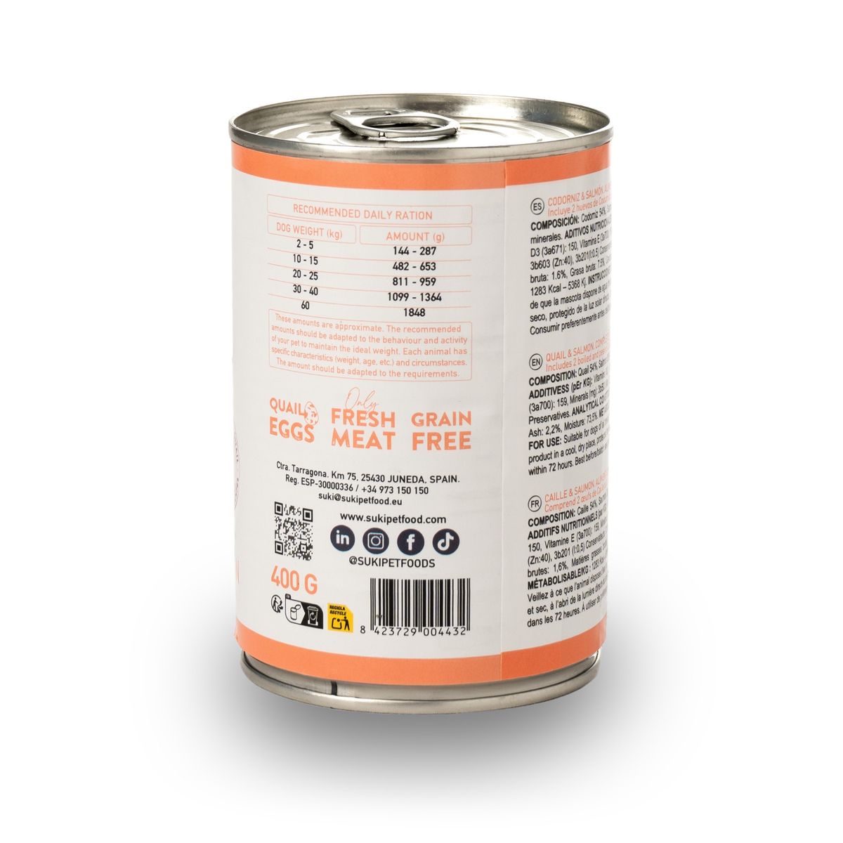 Parte trasera de la lata de comida húmeda de codorniz y salmón para perro adulto 400 g