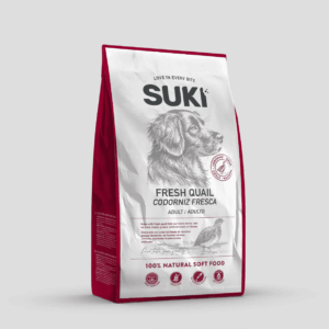 Saco de alimento completo para perros adultos con codorniz fresca de la marca Suki