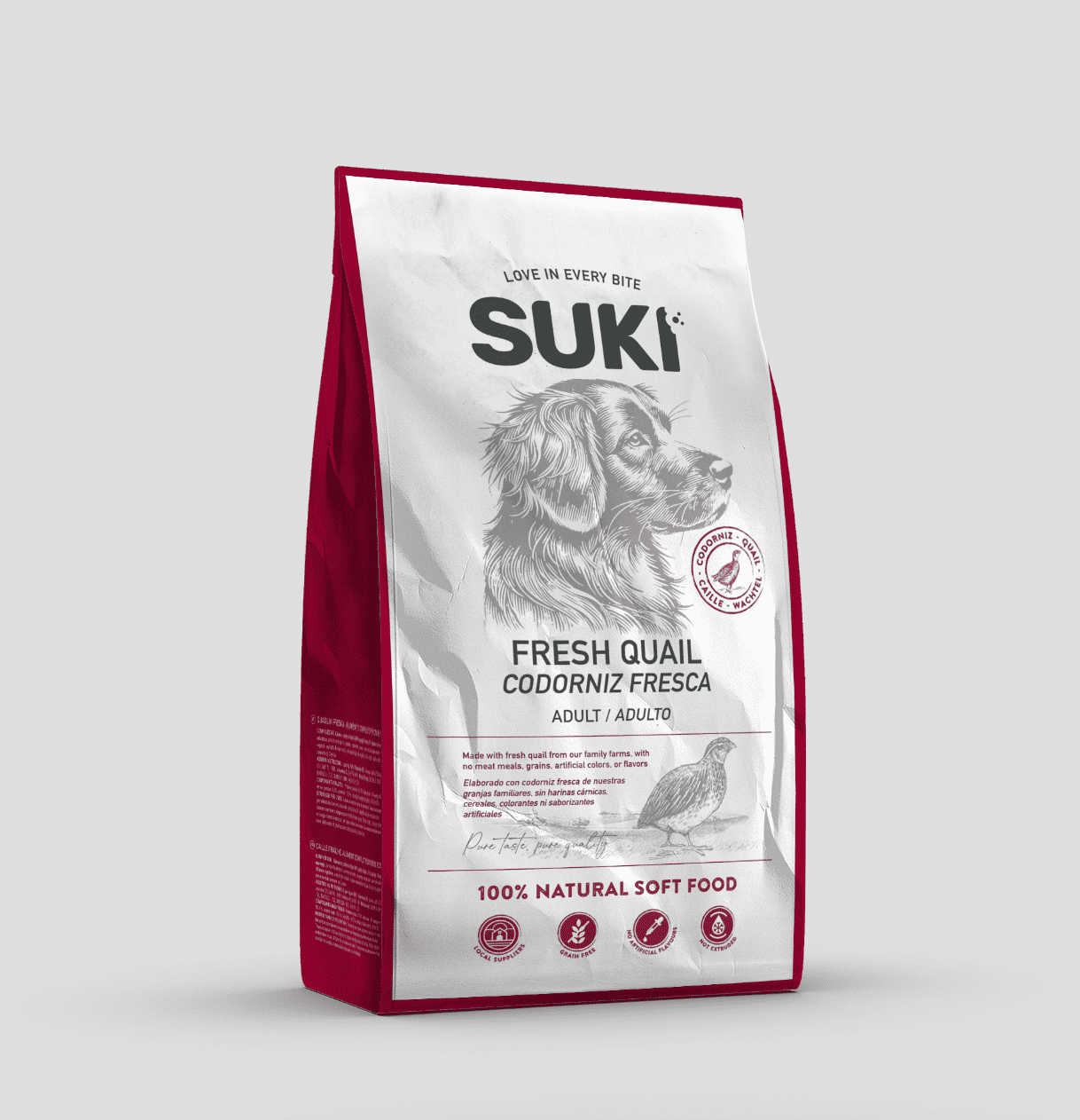 Saco de alimento completo para perros adultos con codorniz fresca de la marca Suki