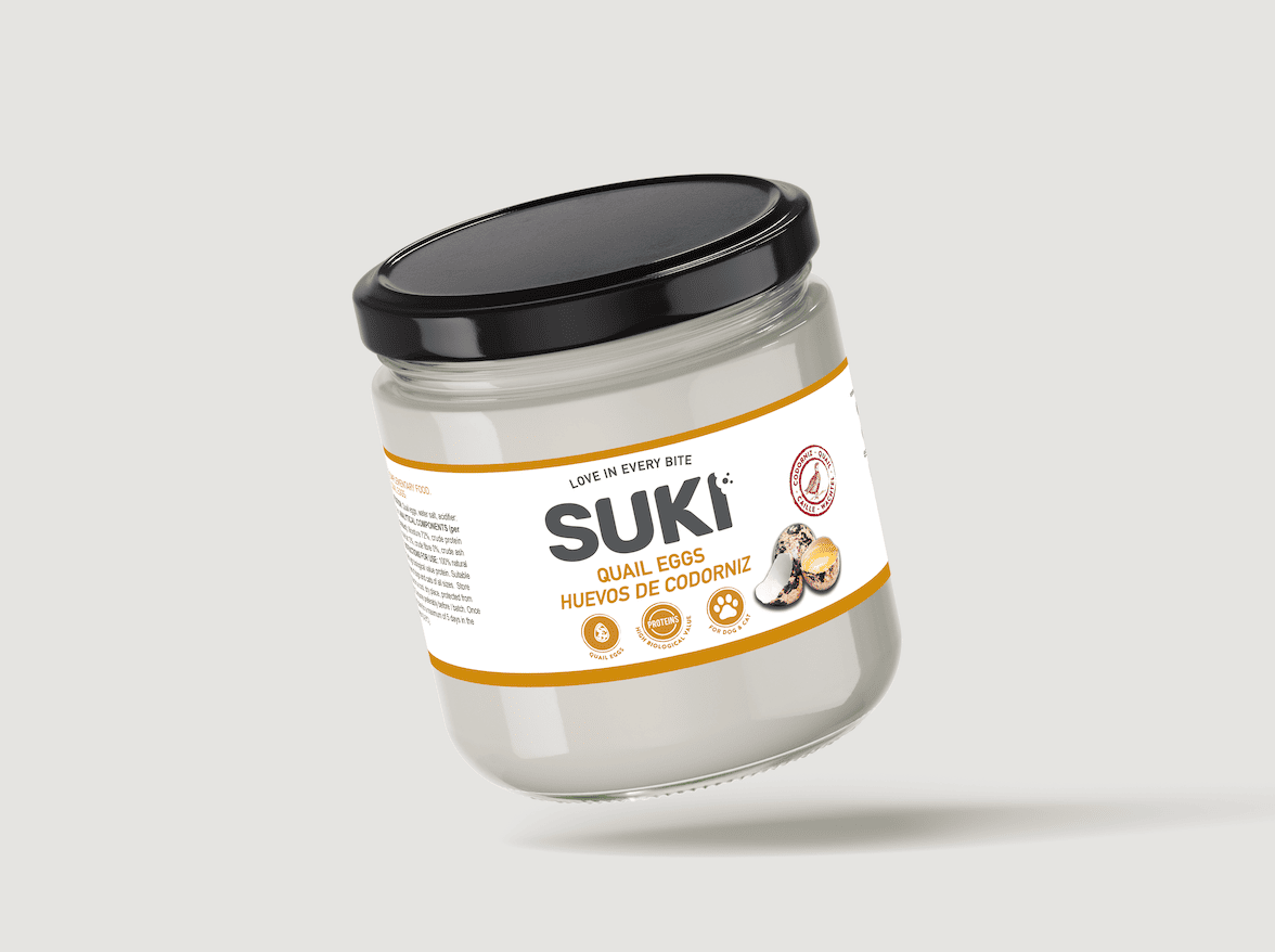 Tarro de huevos de codorniz para perros y gatos de la marca Suki 8 unidades