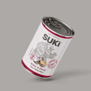 Lata de comida húmeda para perro adulto con codorniz y pato de la marca Suki 400 gramos