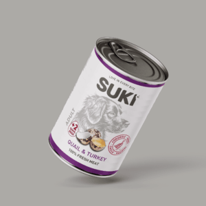 Lata de comida húmeda para perro adulto con codorniz y pavo de la marca Suki 400 gramos