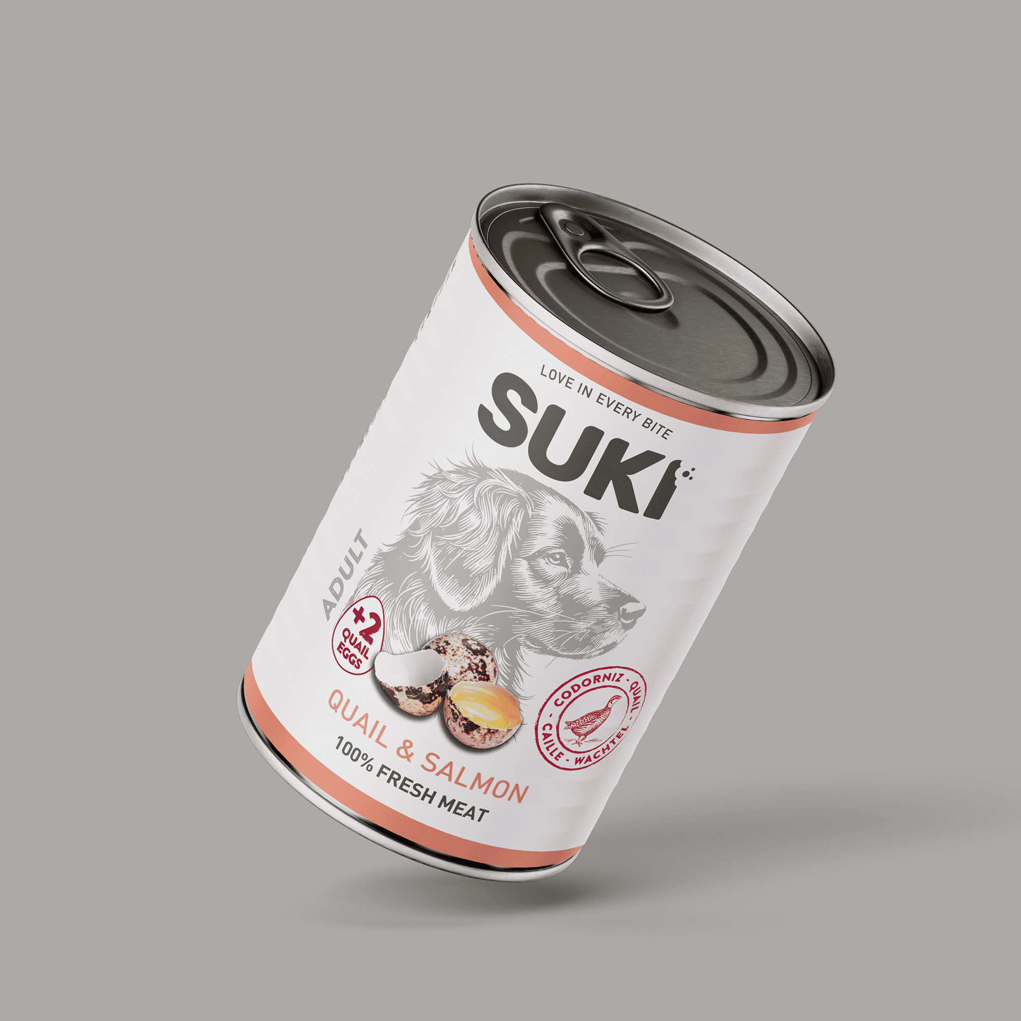 Lata de comida húmeda para perro con codorniz y salmon de la marca Suki 400 gramos