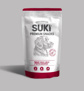 Snack natural de codorniz para perros de la marca Suki en formato de 120 gramos