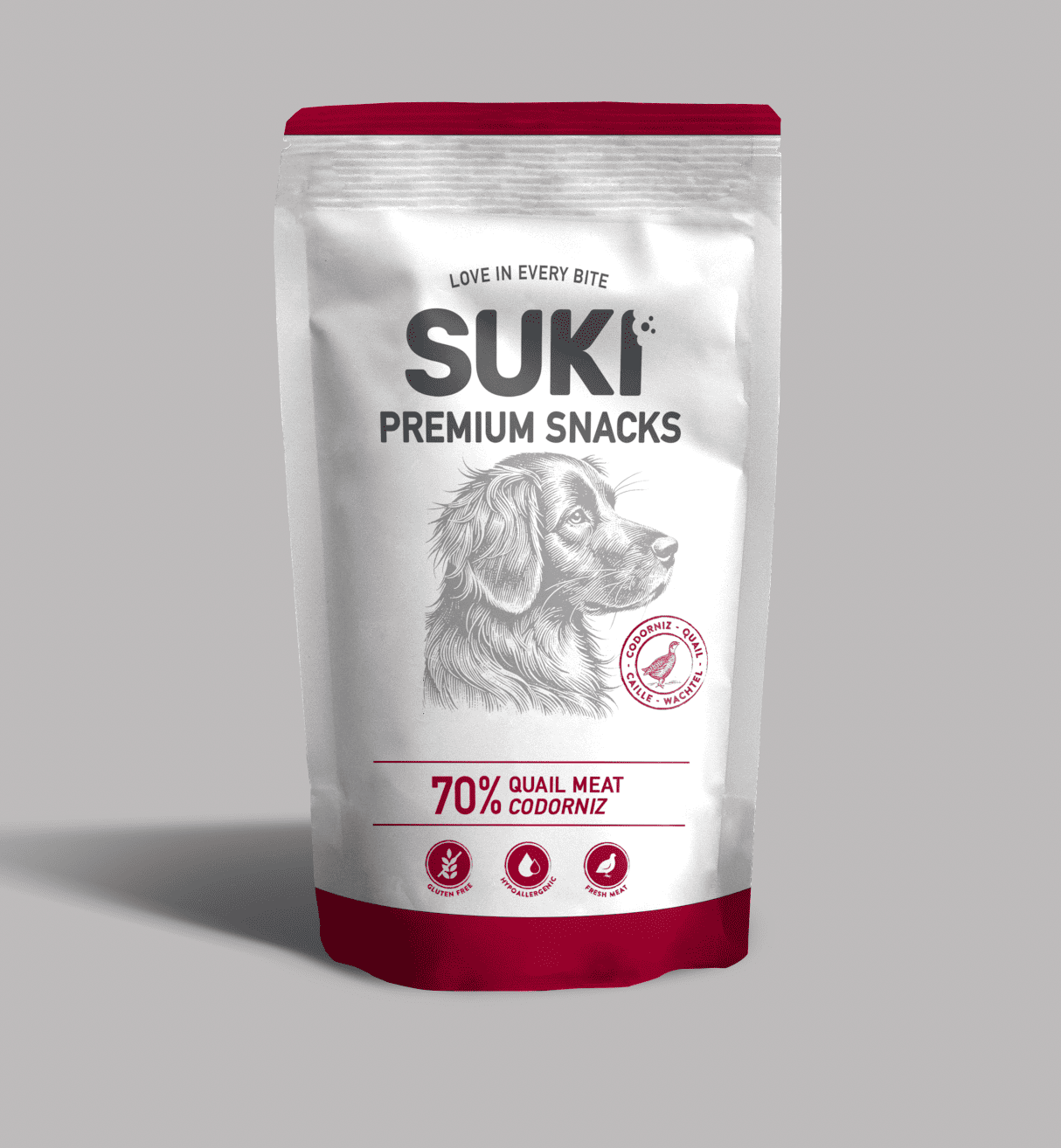 Snack natural de codorniz para perros de la marca Suki en formato de 120 gramos