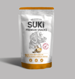 Snack de codorniz con huevo para perros de la marca Suki en formato de 120 gramos