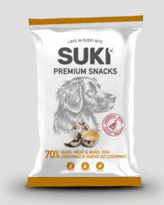 Snack de codorniz con huevo para perros de la marca Suki en formato de 60 gramos
