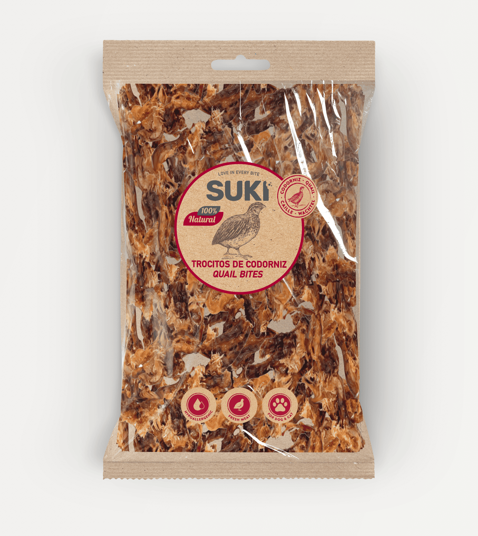 Trocitos de codorniz naturales para perros y gatos de la marca Suki 100 gramos