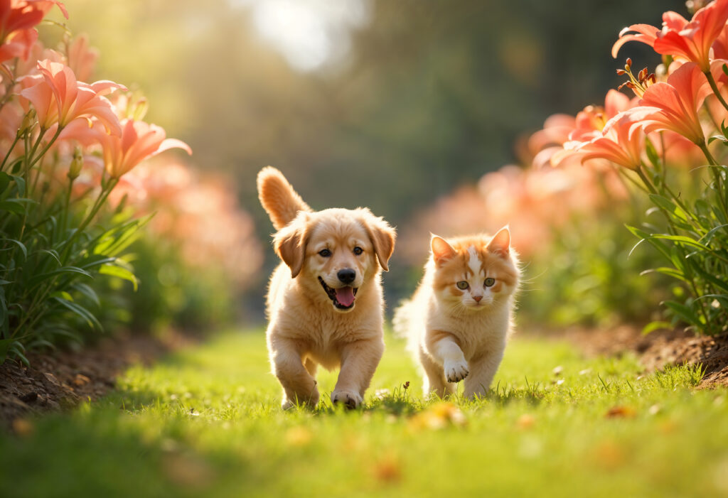 Cachorros de perro y gato felices corriendo por el bosque