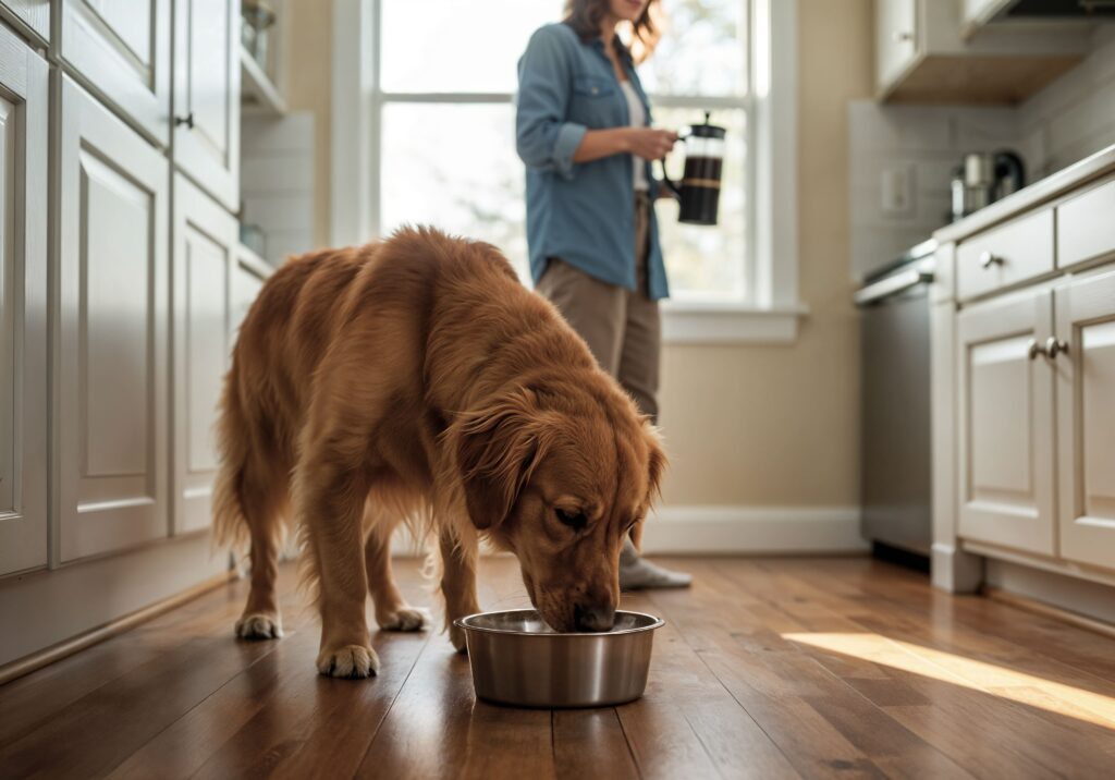 Perro labrador en la cocina comiendo comida natural Suki