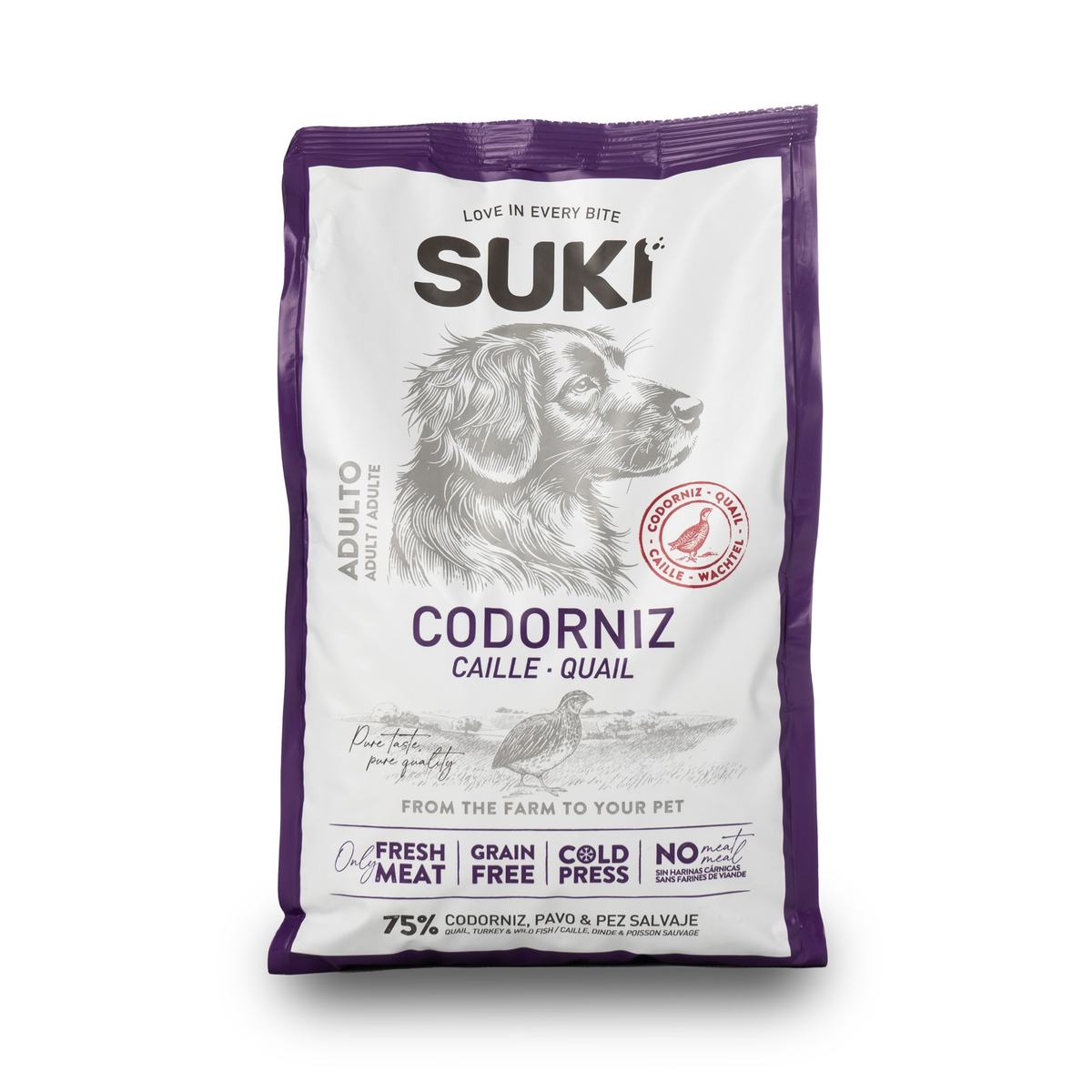 Pienso natural para perro adulto de codorniz y pavo en saco de 3 kg, vista frontal