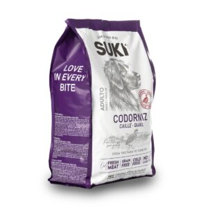 Saco de pienso natural para perro adulto con codorniz y pavo, vista lateral