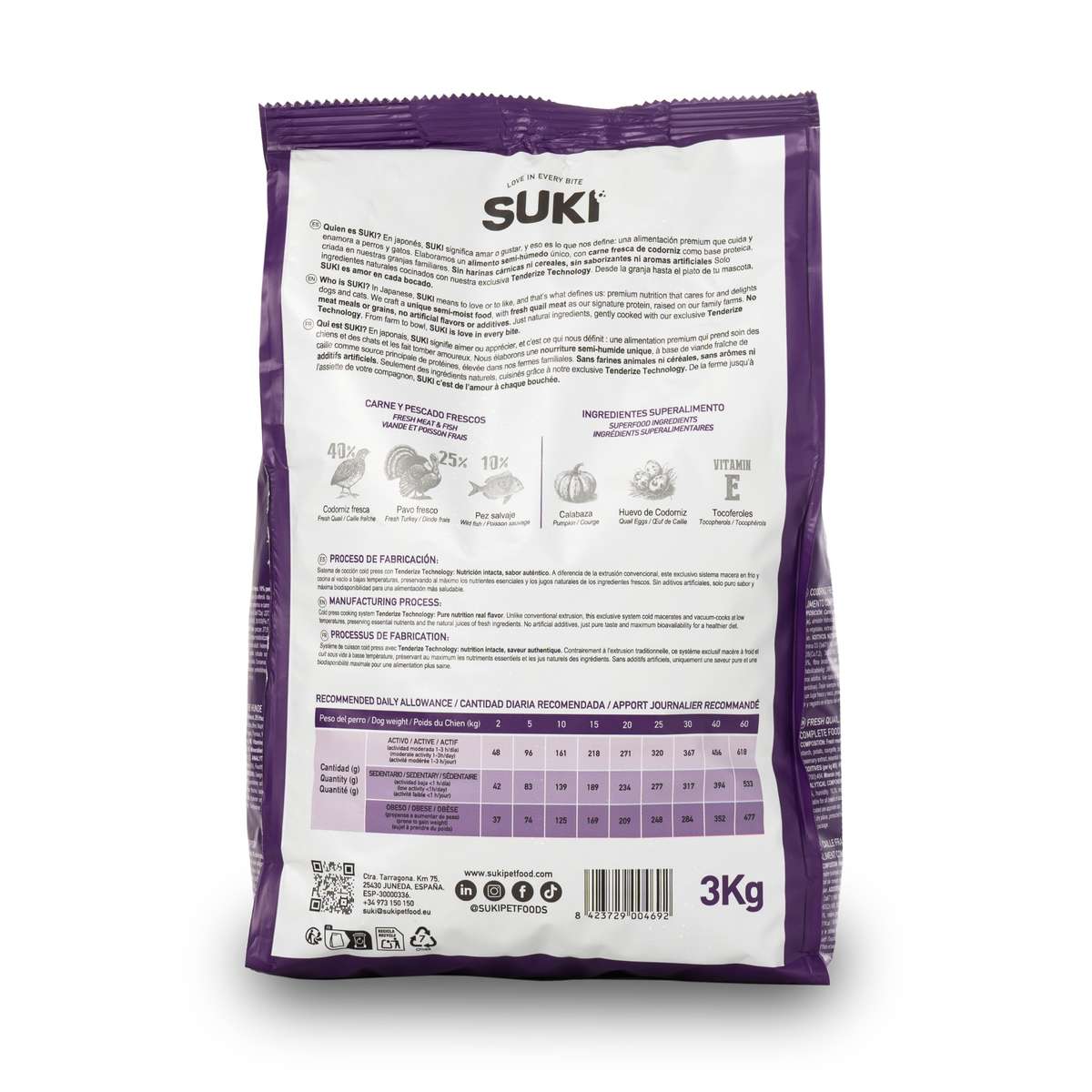 Parte trasera del saco de pienso natural para perro adulto de codorniz y pavo 3 kg