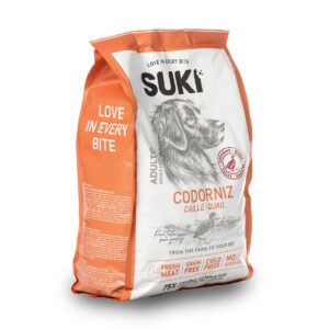 Saco de pienso natural para perro adulto con codorniz y salmón, vista lateral